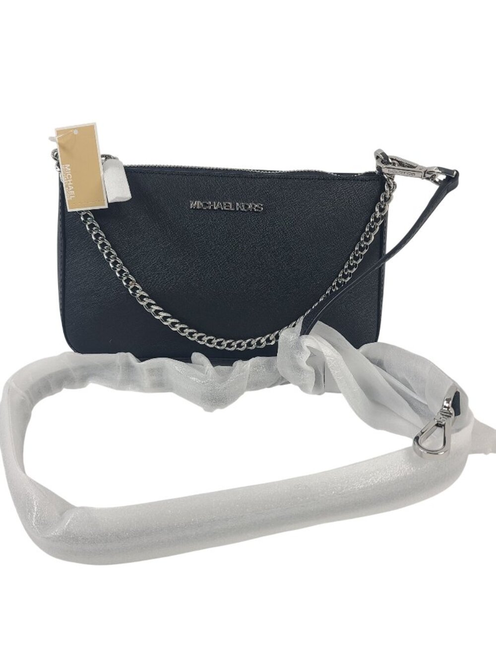 NEW Michael Kors Jet Set Travel Medium Zip Pouchette Black Leather Crossbody Bag